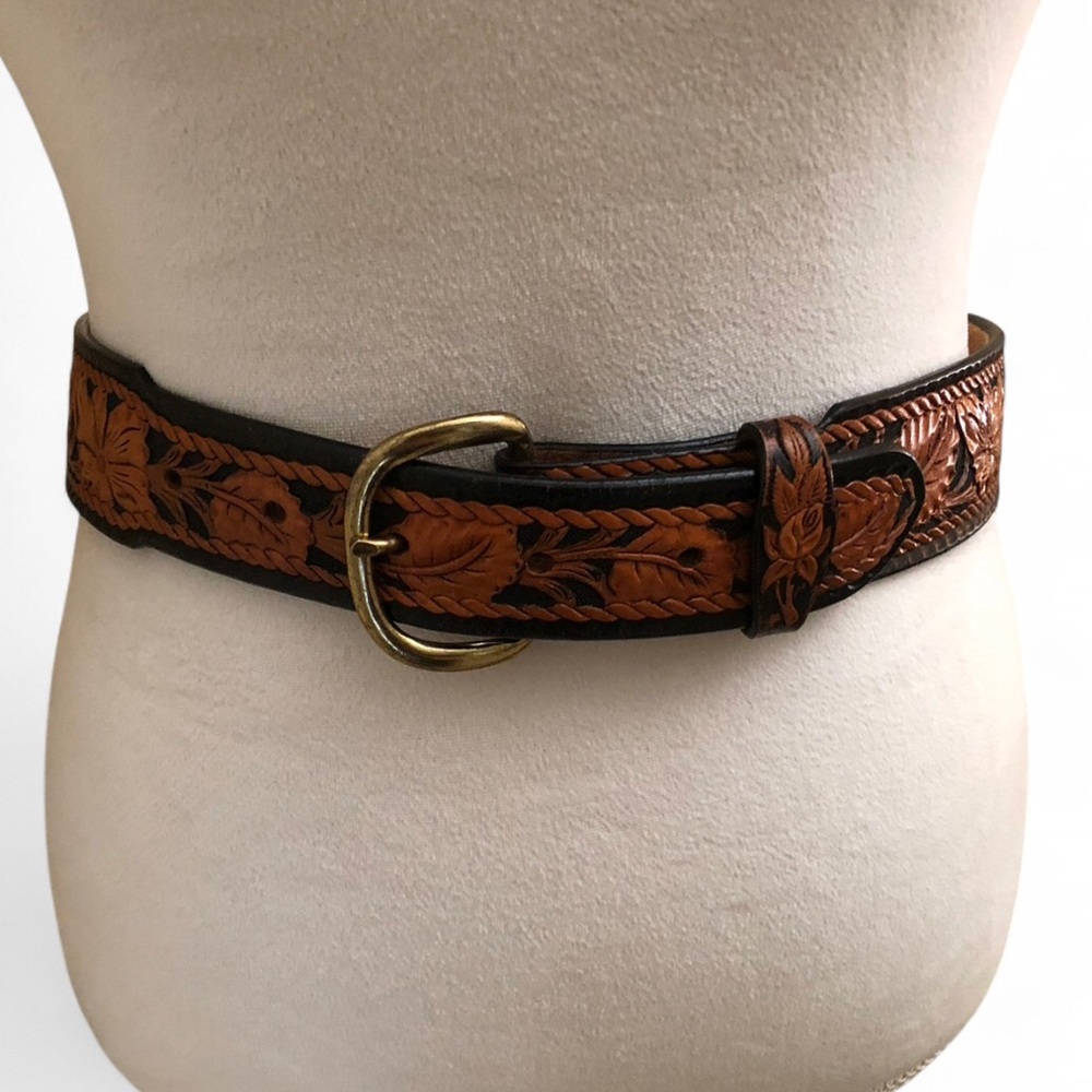Hand-Tooled Floral Leather Belt in Brown with Brass Buckle